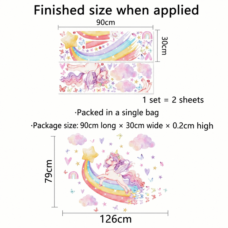 The sheet you receive compared with the design on the wall: Unicorn on a Rainbow Girls' Room Wall Stickers
