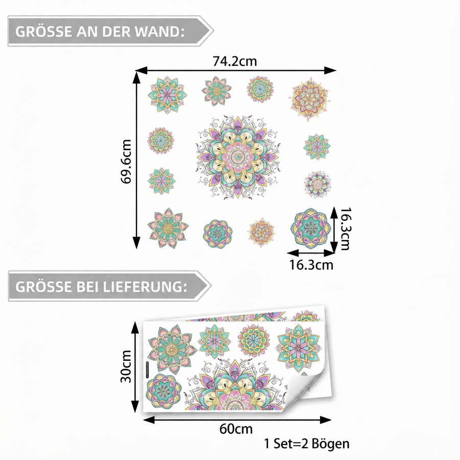Der gelieferte Bogen im Vergleich zum Motiv an der Wand: Wandtattoo Buntes Mandala