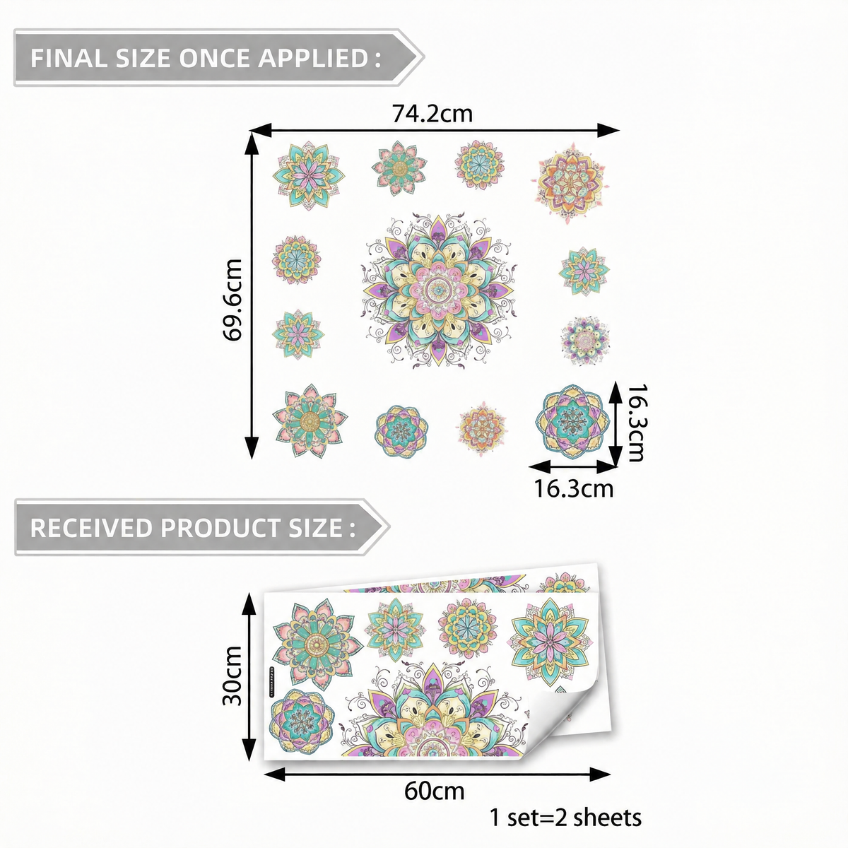 Multicoloured Mandala Wall Stickers - dimensions