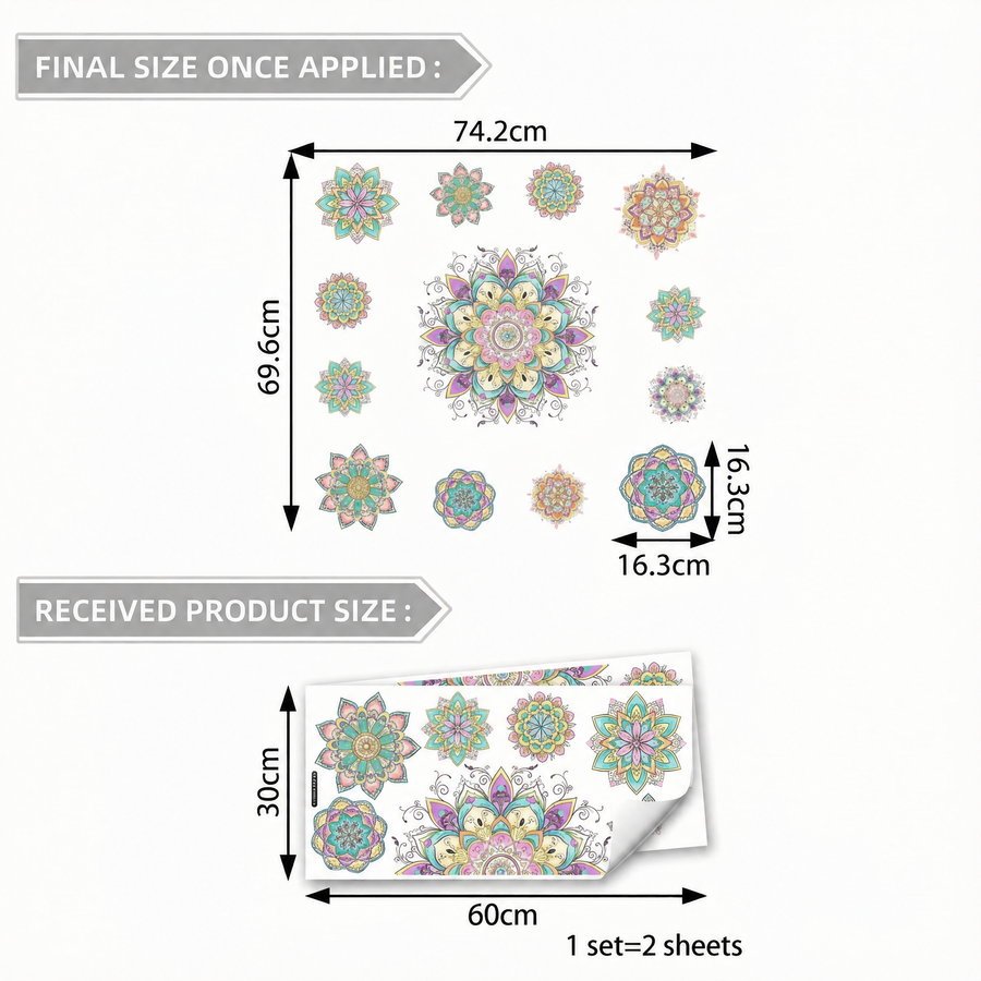 The sheet you receive compared with the design on the wall: Multicoloured Mandala Wall Stickers