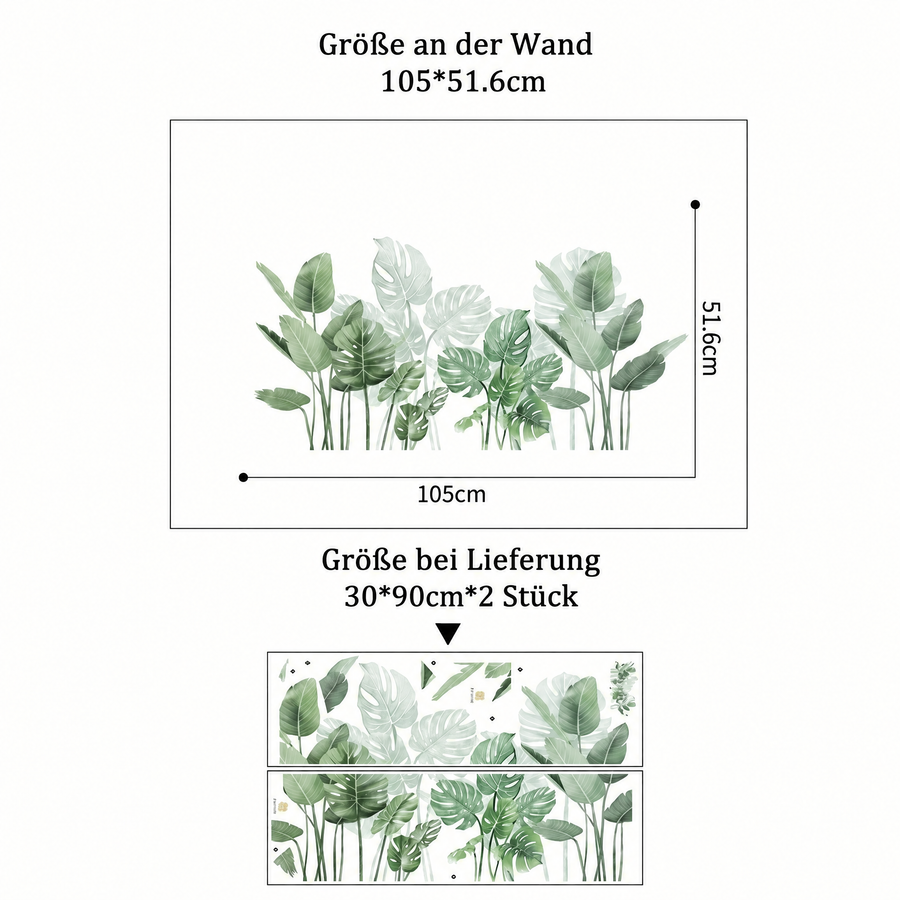 Der gelieferte Bogen im Vergleich zum Motiv an der Wand: Wandtattoo Monstera in Aquarell Salbeigrün