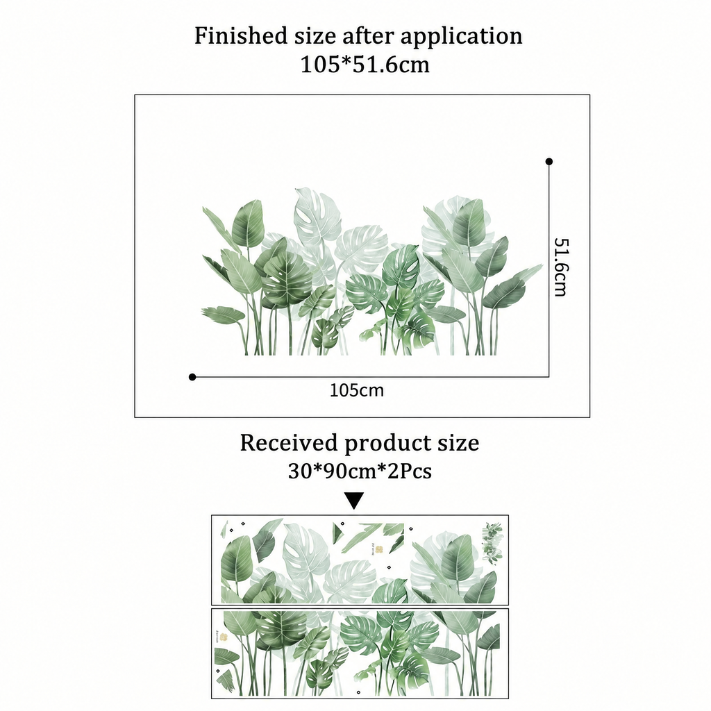 Sage Green Watercolour Monstera Wall Stickers - dimensions