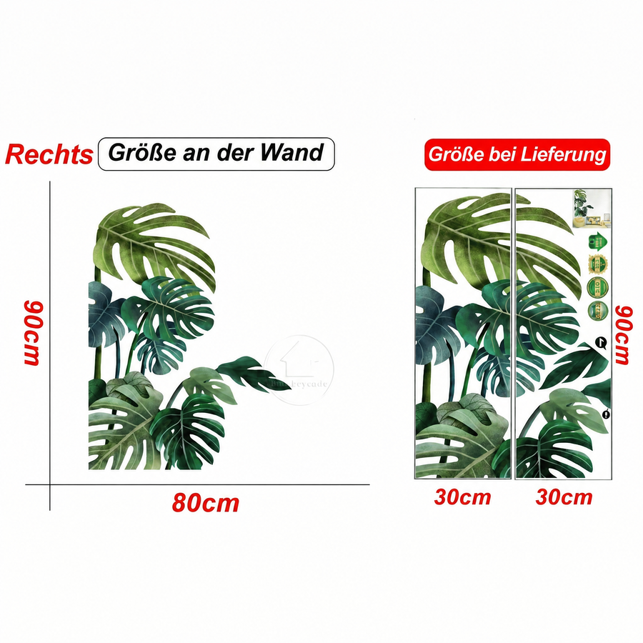 Der gelieferte Bogen im Vergleich zum Motiv an der Wand: Wandtattoo Große Monstera für die Wandecke
