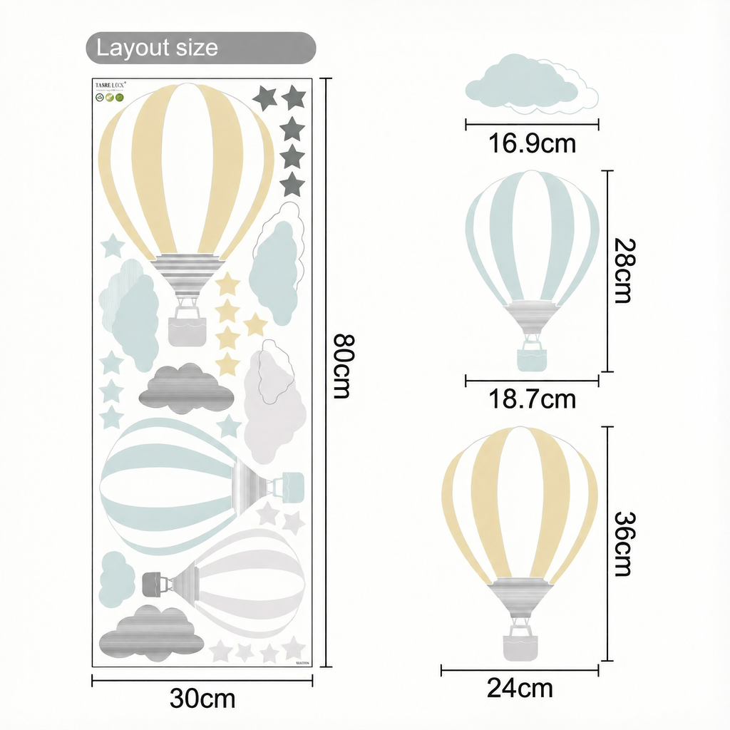 Hot Air Balloons and Clouds Wall Stickers - dimensions