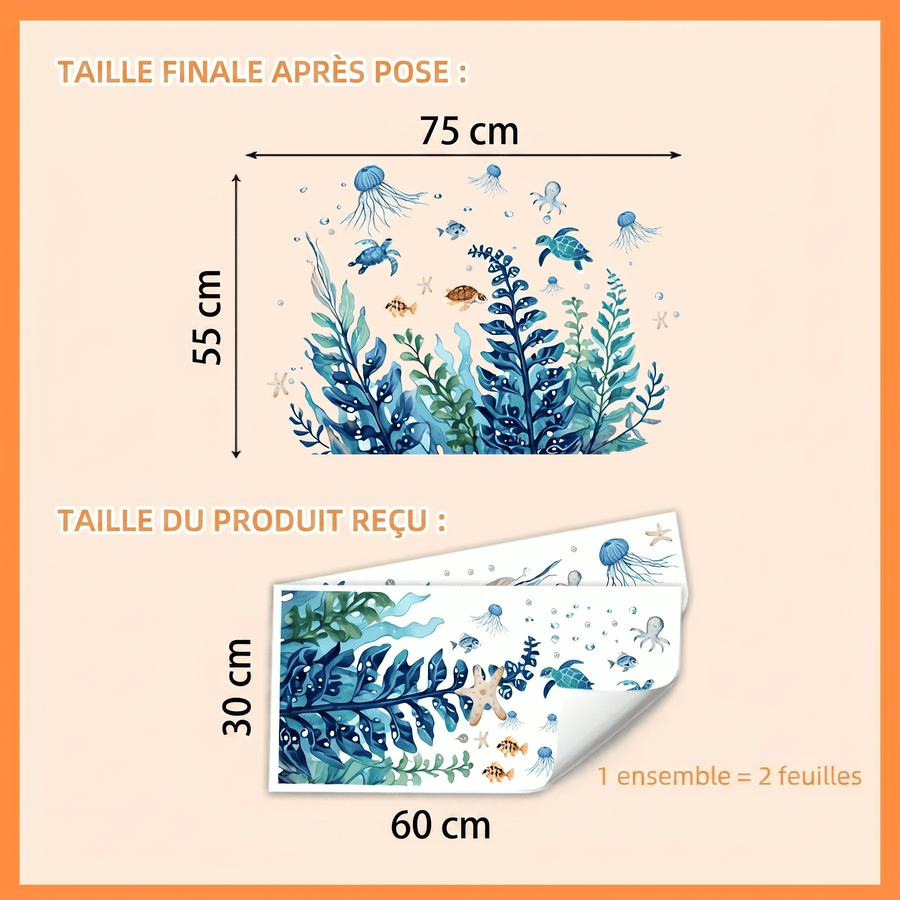 Comparaison entre la planche reçue et le motif posé : Stickers Muraux Océan Tortues Méduses Algues Enfant