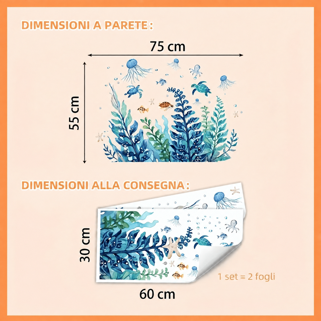 Adesivi murali oceano con tartarughe e meduse - Dimensioni