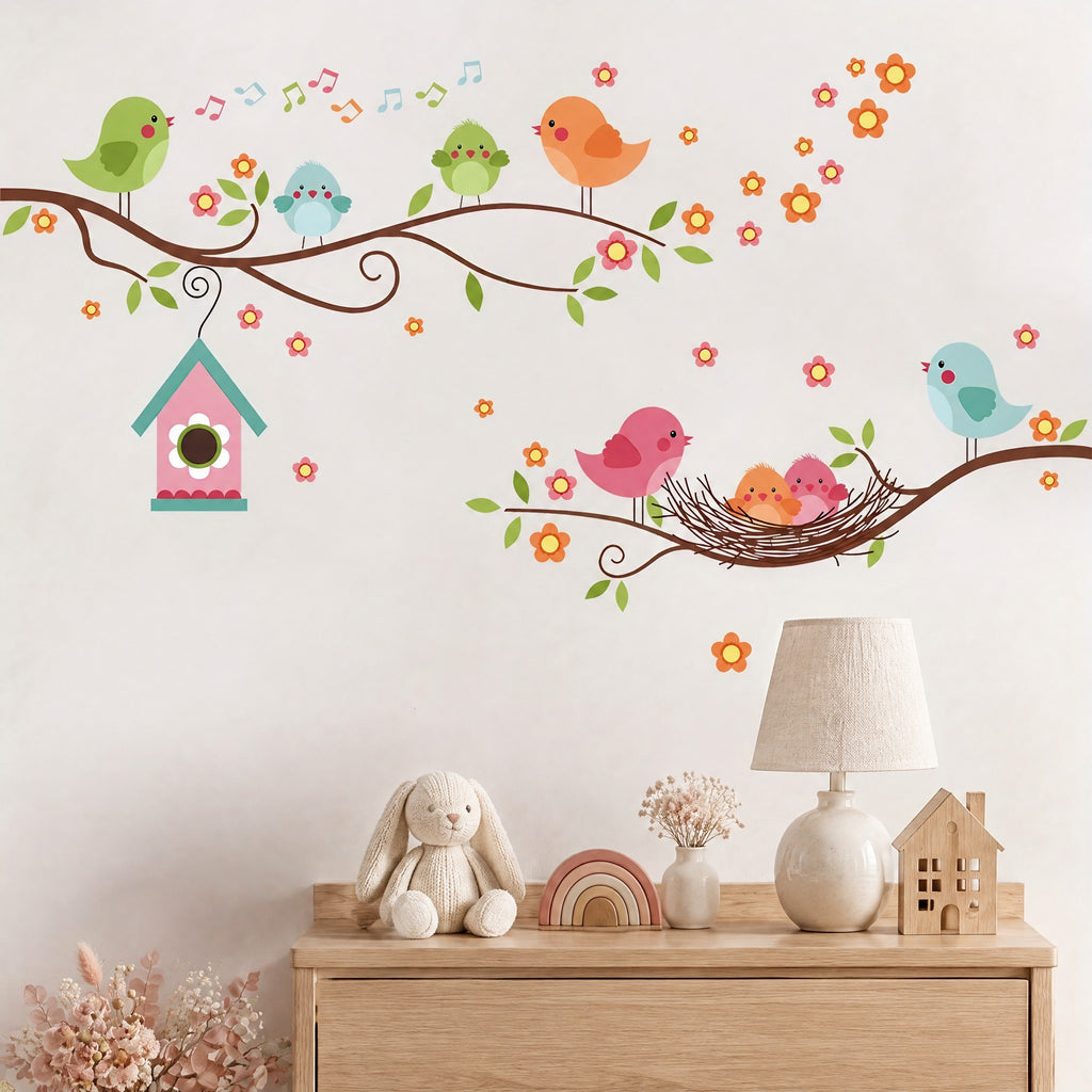 Stickers muraux oiseaux colorés sur deux branches fleuries avec nichoir rose et nid, au-dessus d'une commode en chêne clair de chambre de fille