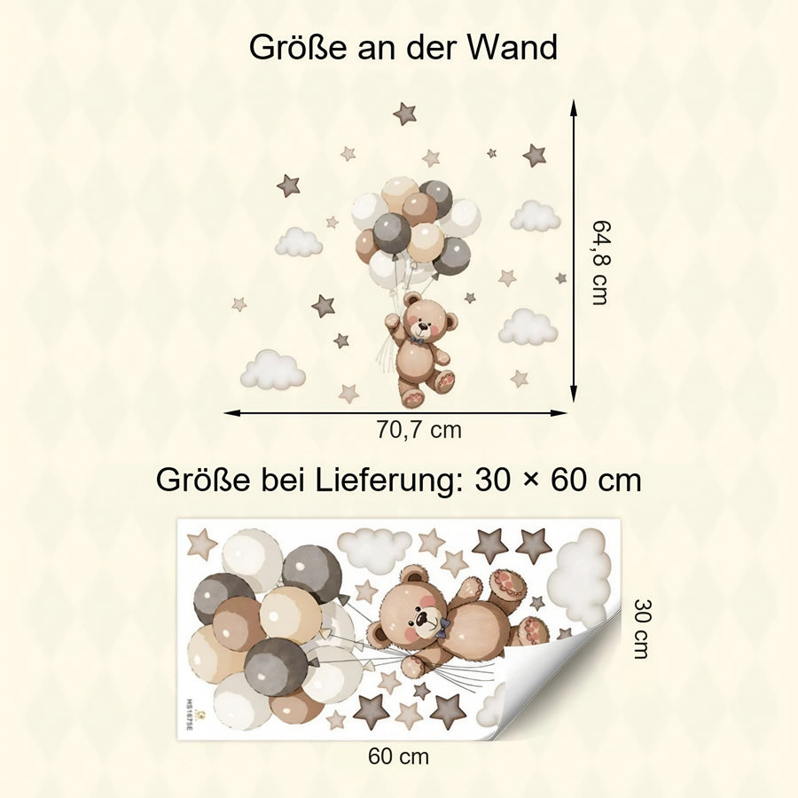 Der gelieferte Bogen im Vergleich zum Motiv an der Wand: Wandtattoos Teddybär mit Luftballons und Wolken in Beige fürs Babyzimmer