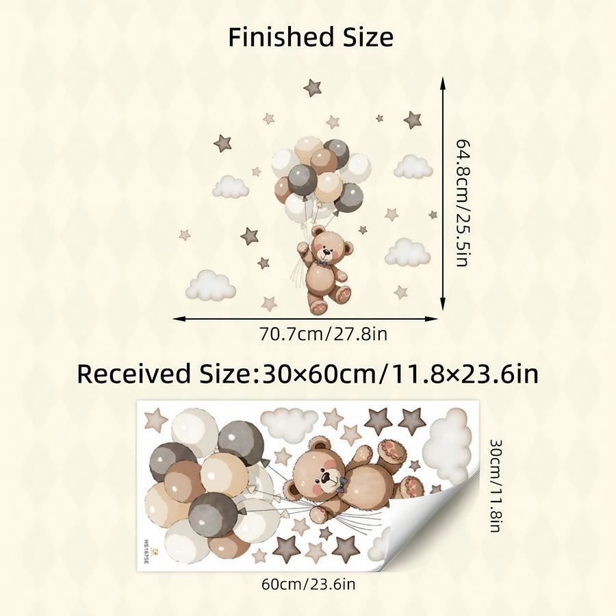 The sheet you receive compared with the design on the wall: Beige Teddy Bear with Balloons and Clouds Wall Stickers for Baby's Room