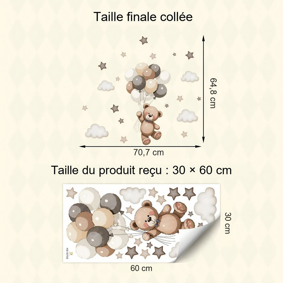 Comparaison entre la planche reçue et le motif posé : Stickers Muraux Ourson Ballons et Nuages Beige Chambre Bébé
