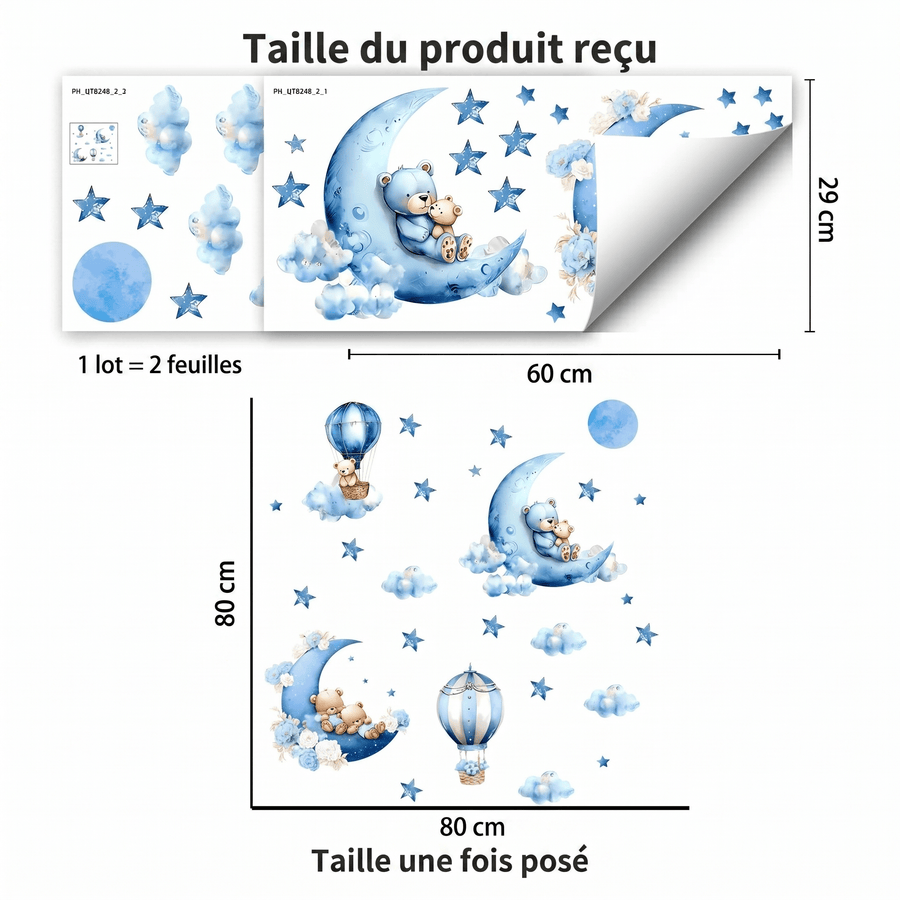 Comparaison entre la planche reçue et le motif posé : Stickers Muraux Oursons Aquarelle Chambre Bébé Garçon