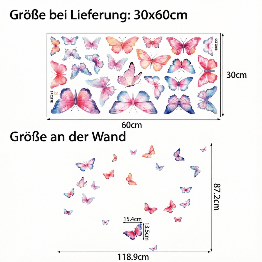 Der gelieferte Bogen im Vergleich zum Motiv an der Wand: Wandtattoo Aquarell-Schmetterlinge