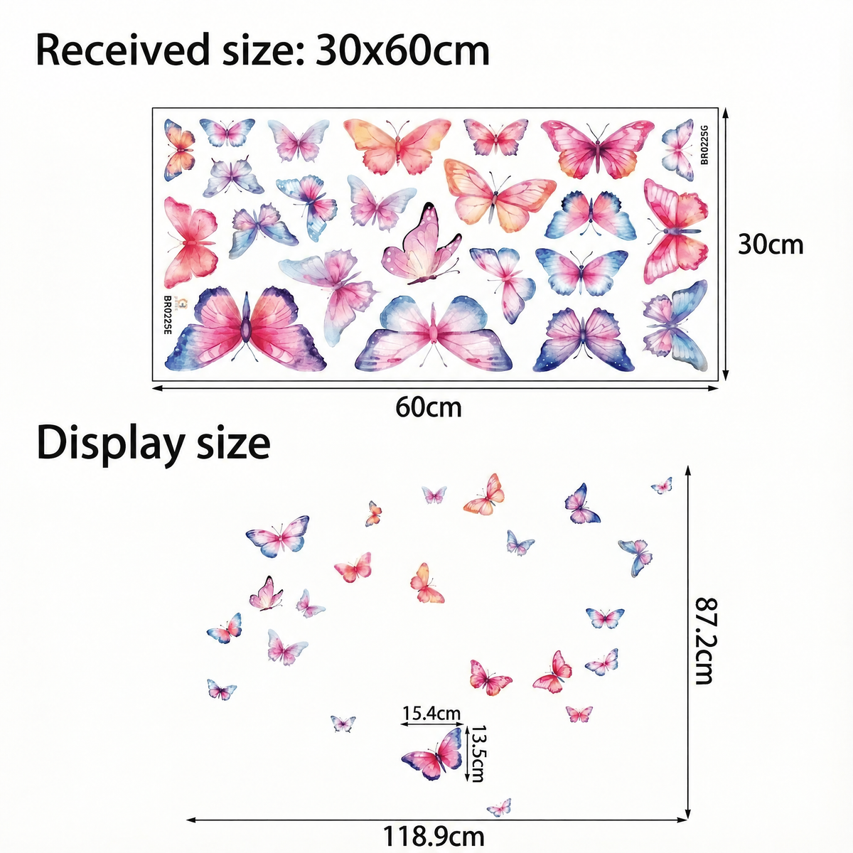 Watercolour Butterfly Wall Stickers - dimensions