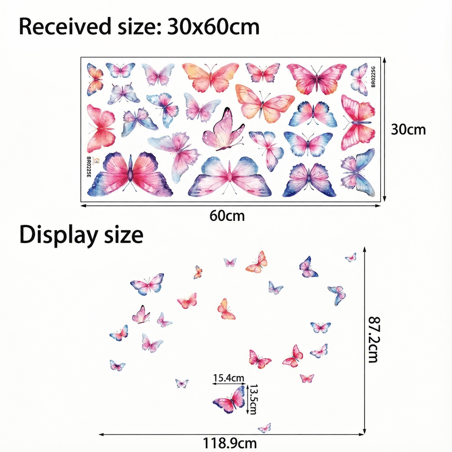 The sheet you receive compared with the design on the wall: Watercolour Butterfly Wall Stickers