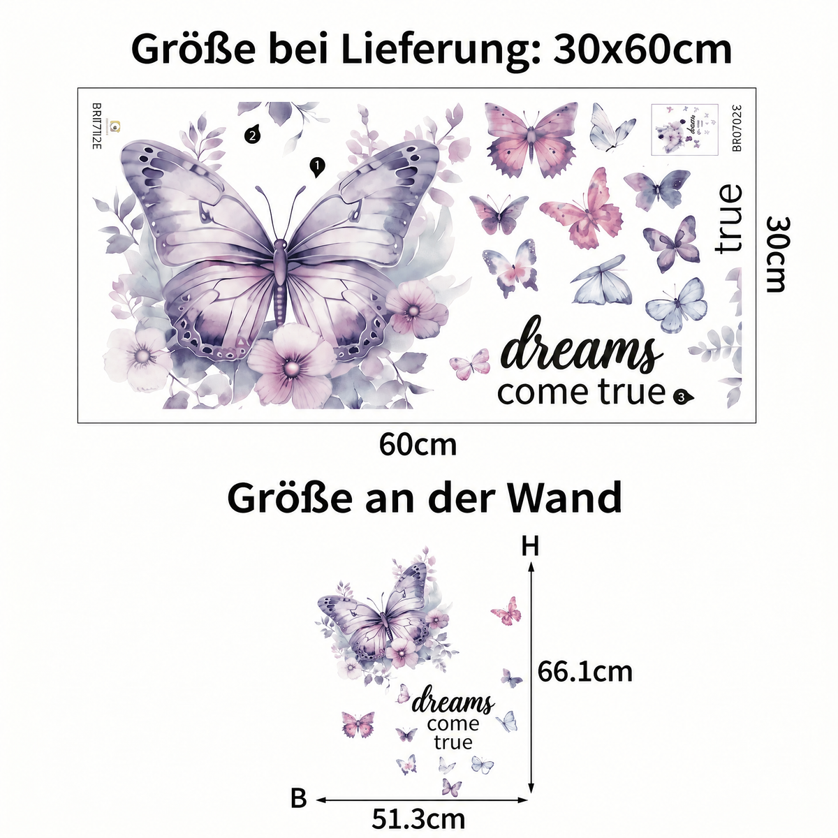 Wandtattoo Schmetterlinge mit englischem Spruch - Maße