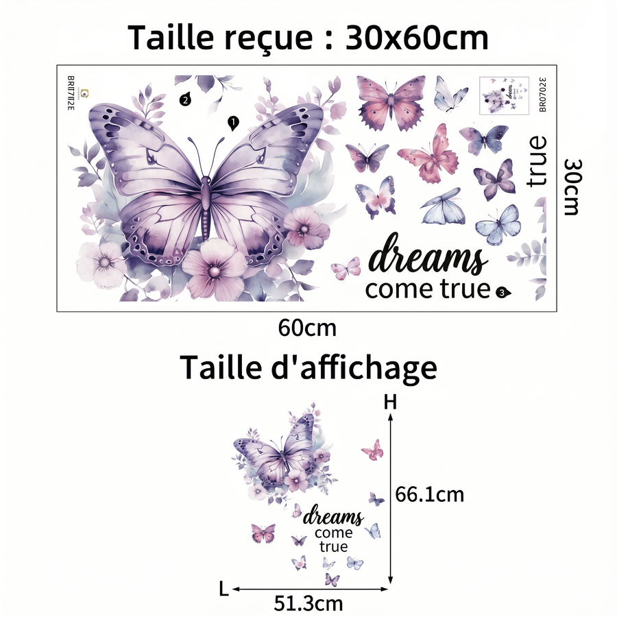Comparaison entre la planche reçue et le motif posé : Stickers Muraux Papillons avec Citation en Anglais