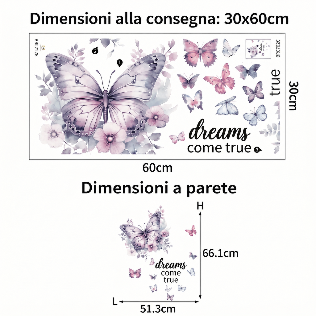 Adesivi murali farfalle con frase in inglese - Dimensioni