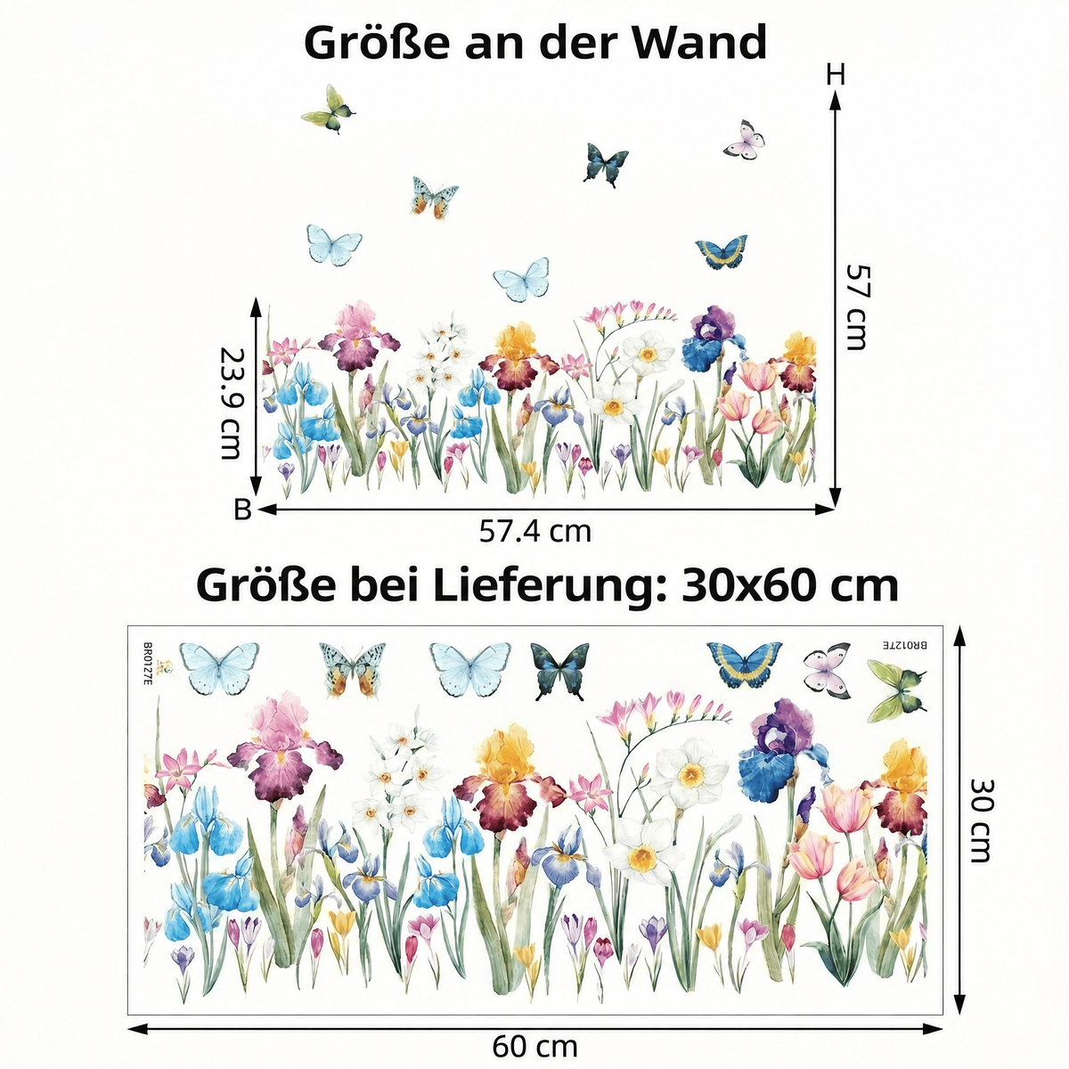 Wandtattoo Schmetterlinge mit Blumen - Maße