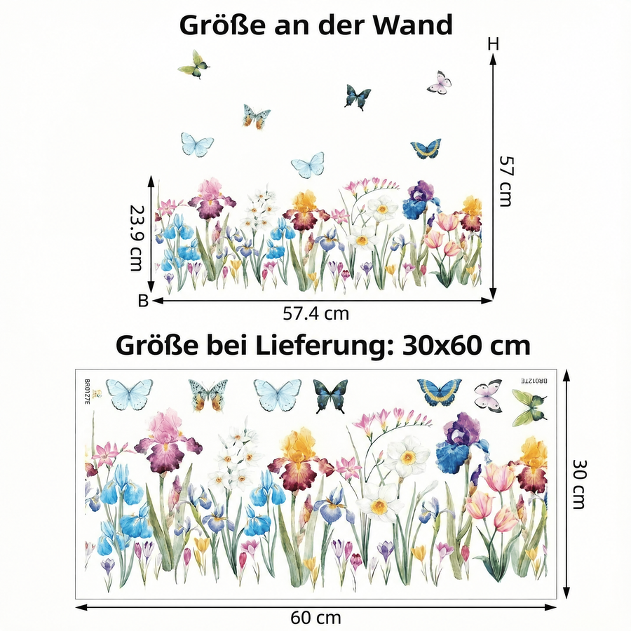 Der gelieferte Bogen im Vergleich zum Motiv an der Wand: Wandtattoo Schmetterlinge mit Blumen