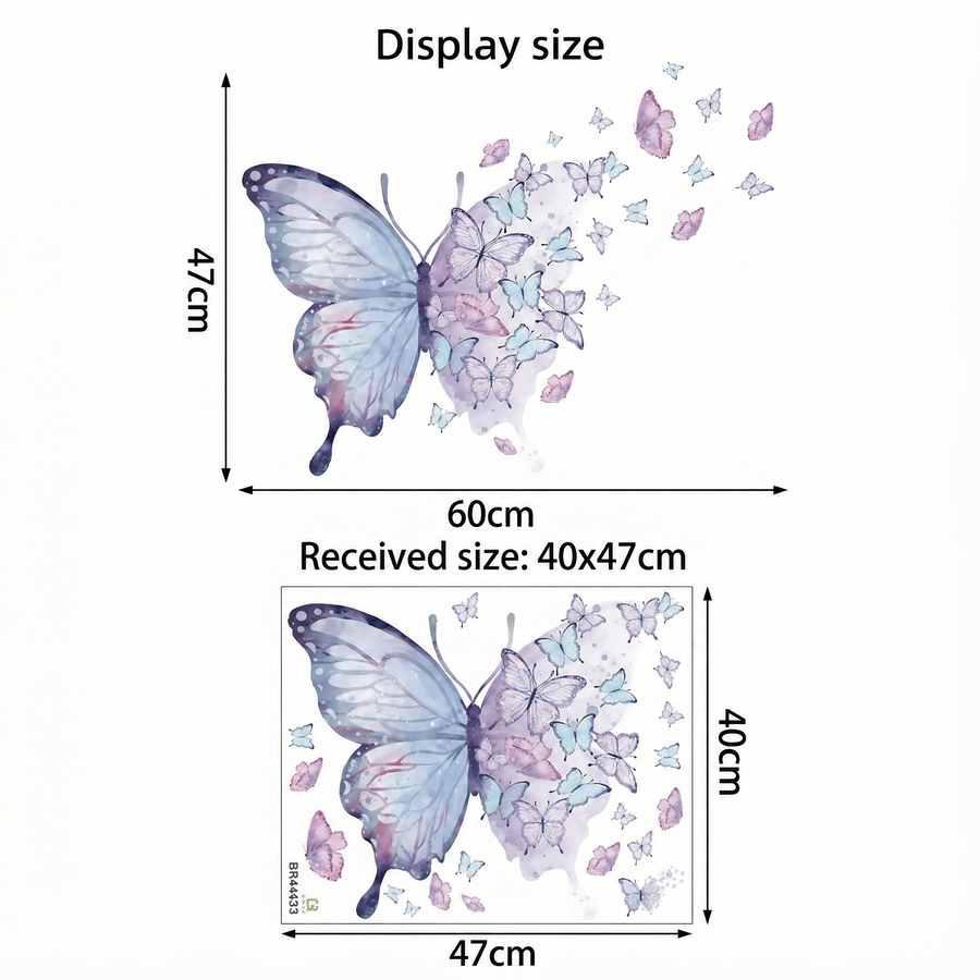 The sheet you receive compared with the design on the wall: Purple Butterfly Girls' Room Wall Stickers