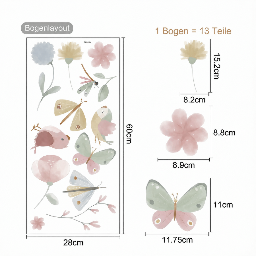 Der gelieferte Bogen im Vergleich zum Motiv an der Wand: Wandtattoo Schmetterlinge und Vögel