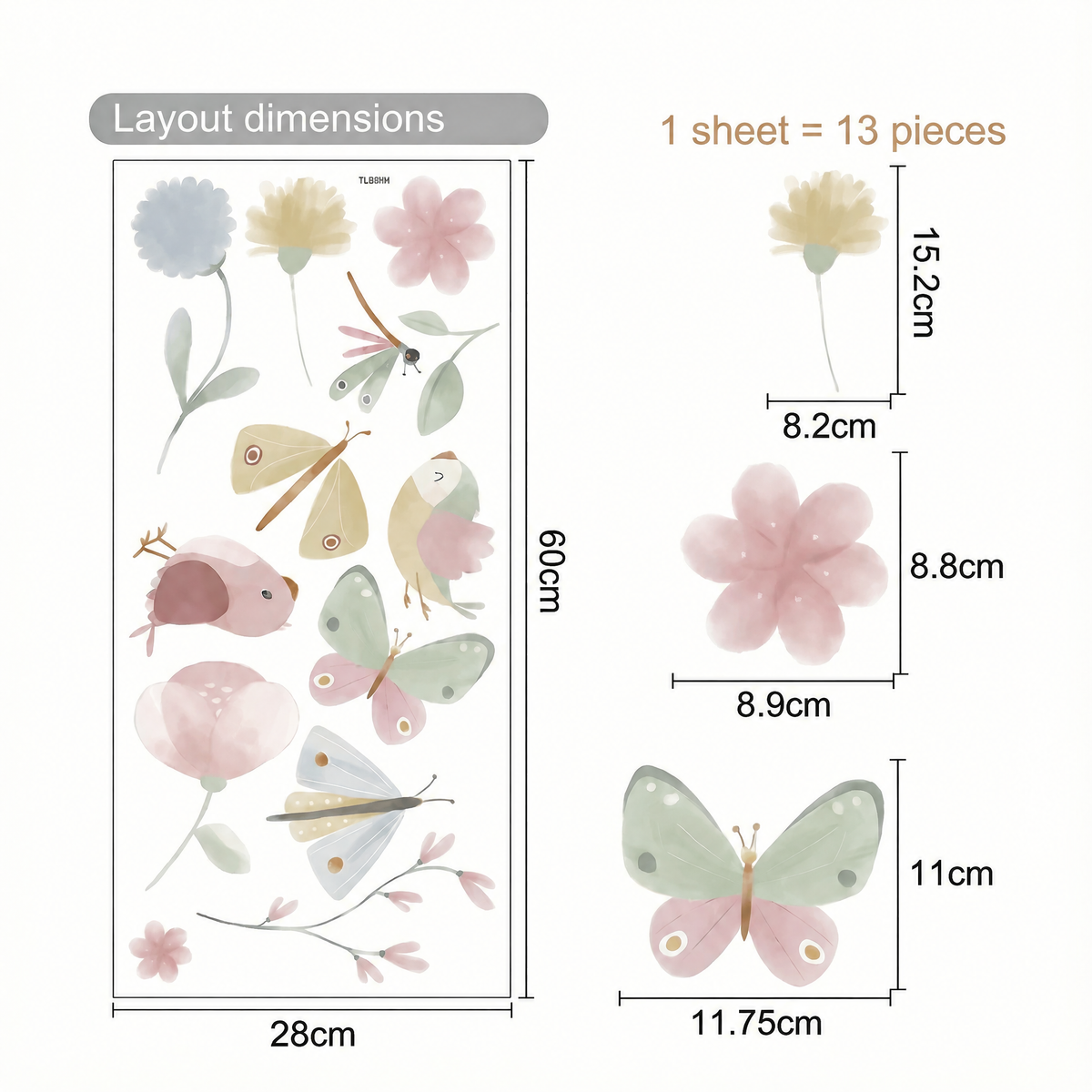 Butterflies and Birds Wall Stickers - dimensions