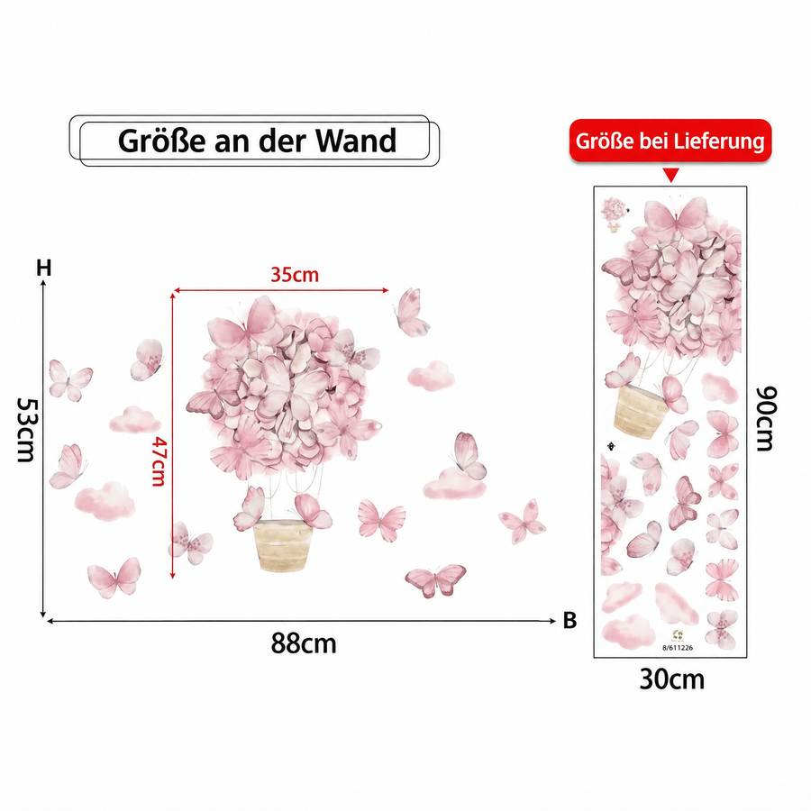 Der gelieferte Bogen im Vergleich zum Motiv an der Wand: Wandtattoo Rosa Heißluftballon mit Schmetterlingen