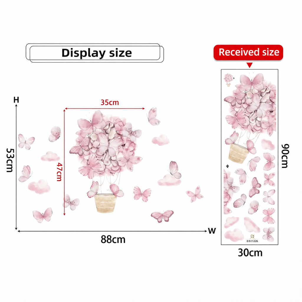 Pink Hot Air Balloon Butterfly Wall Stickers - dimensions