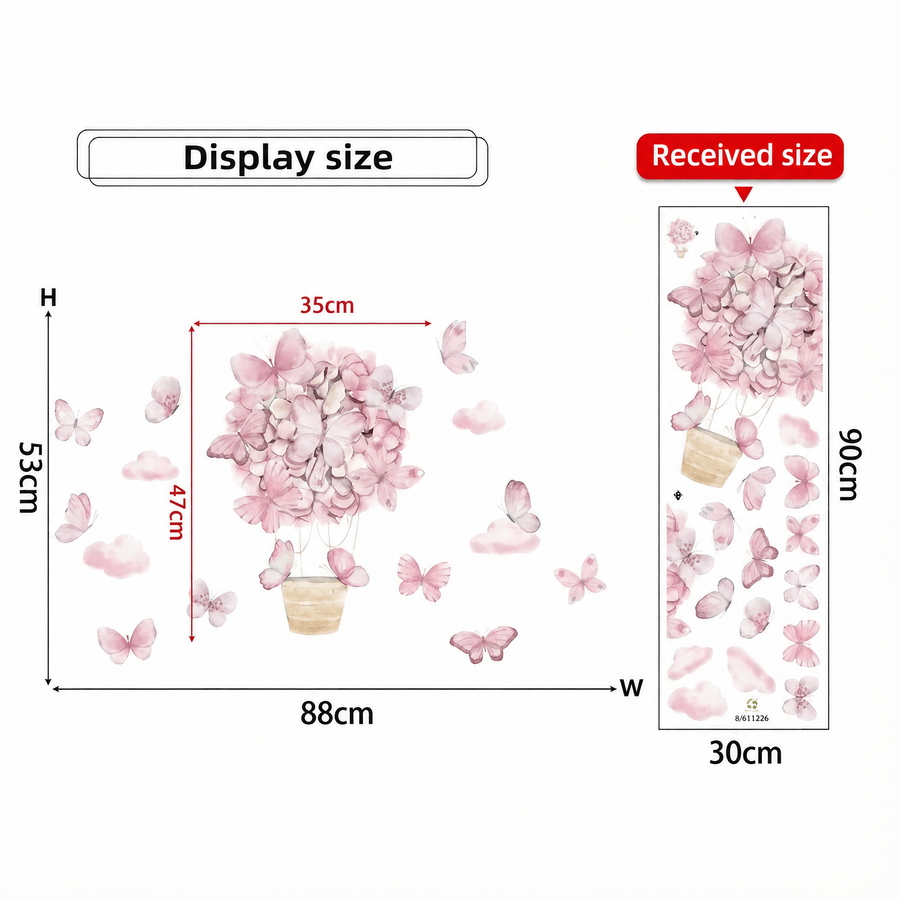 The sheet you receive compared with the design on the wall: Pink Hot Air Balloon Butterfly Wall Stickers