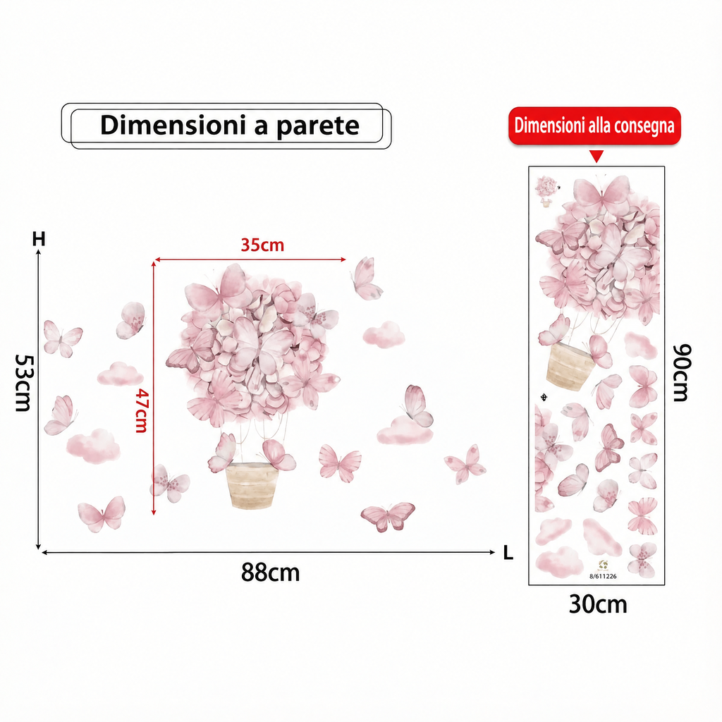 Adesivi murali mongolfiera rosa con farfalle - Dimensioni
