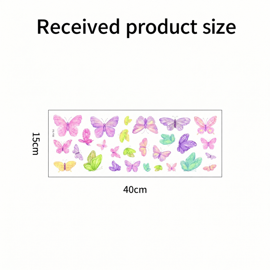 The sheet you receive compared with the design on the wall: Multicoloured Watercolour Butterfly Wall Stickers