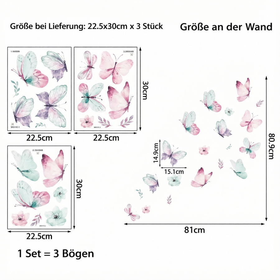 Der gelieferte Bogen im Vergleich zum Motiv an der Wand: Wandtattoo Pastell-Schmetterlinge