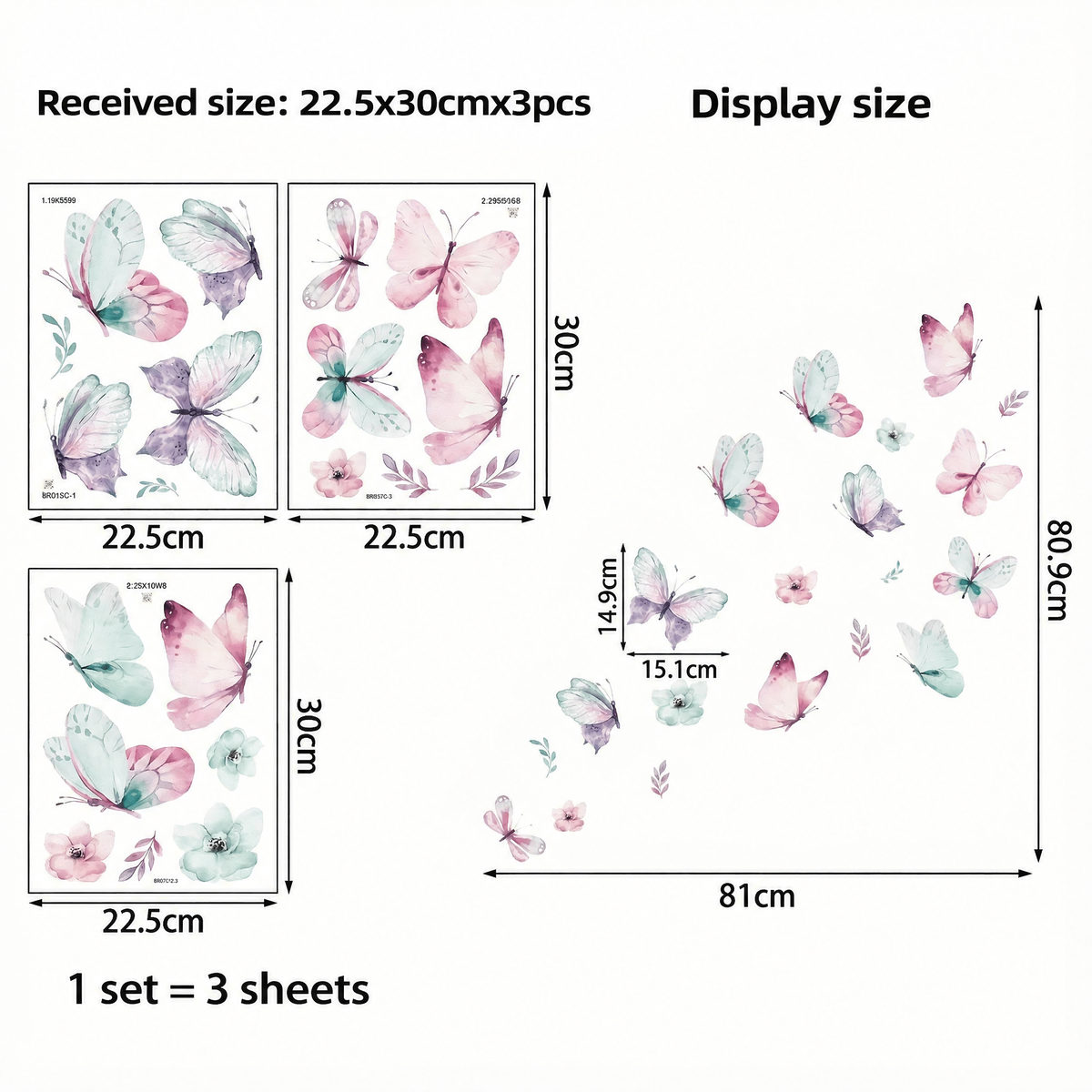 Pastel Butterfly Wall Stickers - dimensions