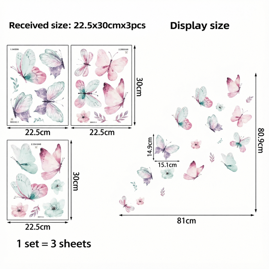 The sheet you receive compared with the design on the wall: Pastel Butterfly Wall Stickers