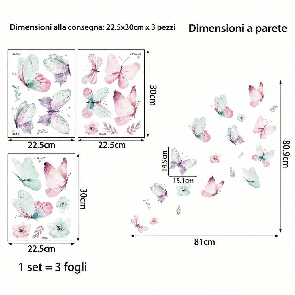Adesivi murali farfalle pastello - Dimensioni