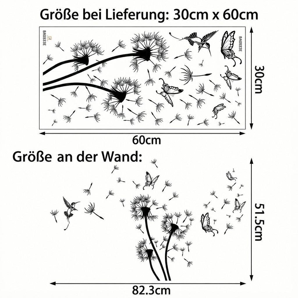 Wandtattoo Pusteblume mit Schmetterlingen - Maße