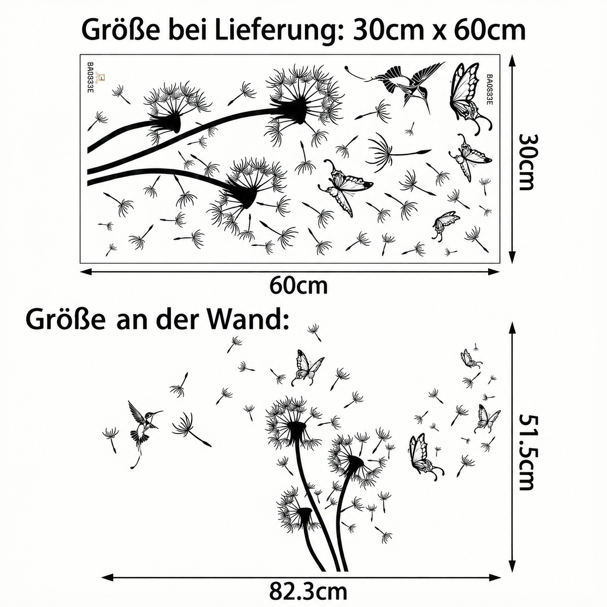 Wandtattoo Pusteblume mit Schmetterlingen - Maße
