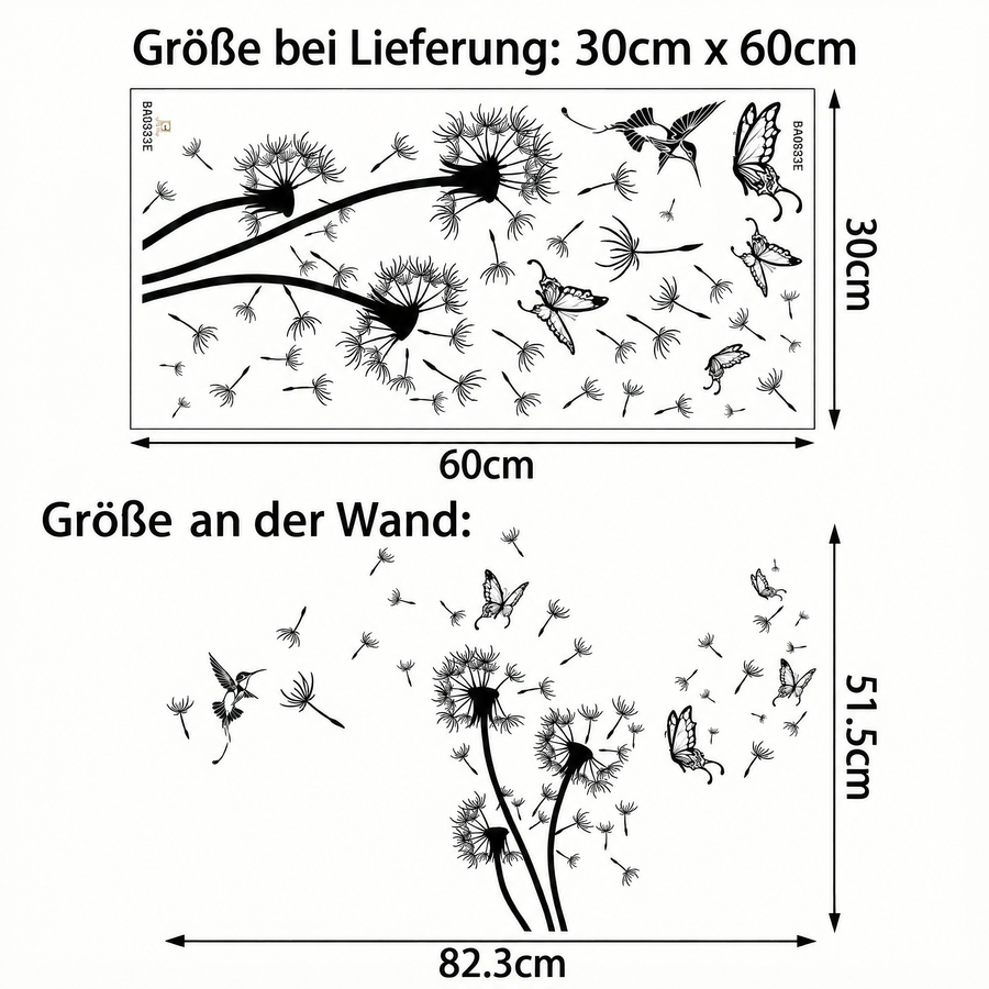 Der gelieferte Bogen im Vergleich zum Motiv an der Wand: Wandtattoo Pusteblume mit Schmetterlingen