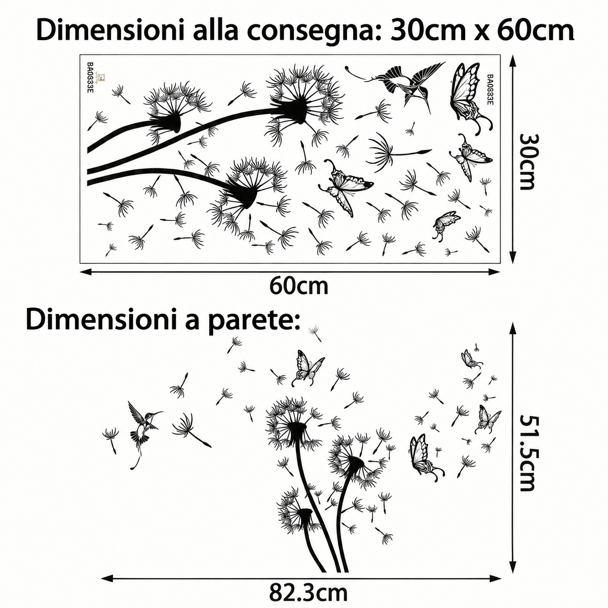 Adesivi murali soffione con farfalle - Dimensioni