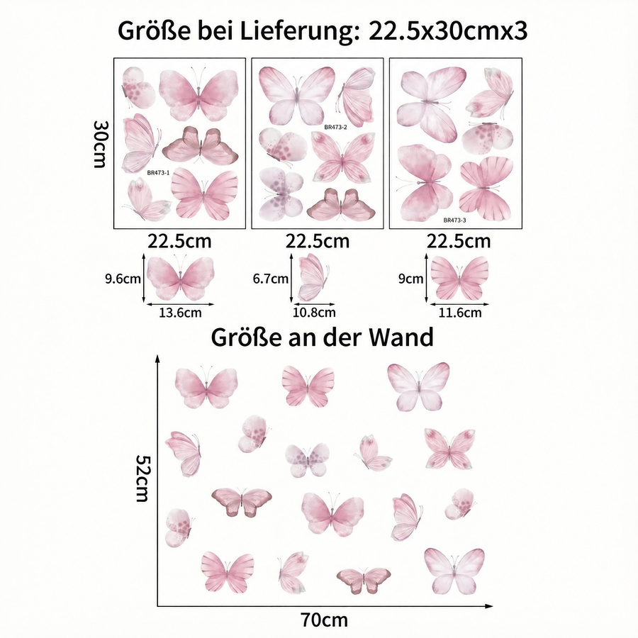 Der gelieferte Bogen im Vergleich zum Motiv an der Wand: Wandtattoo Rosa Schmetterlinge