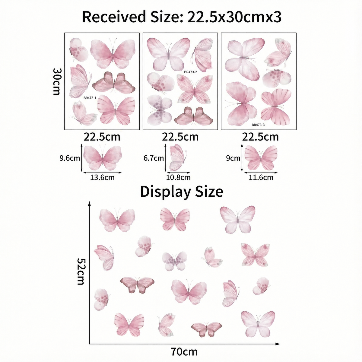 Pink Butterfly Wall Stickers - dimensions