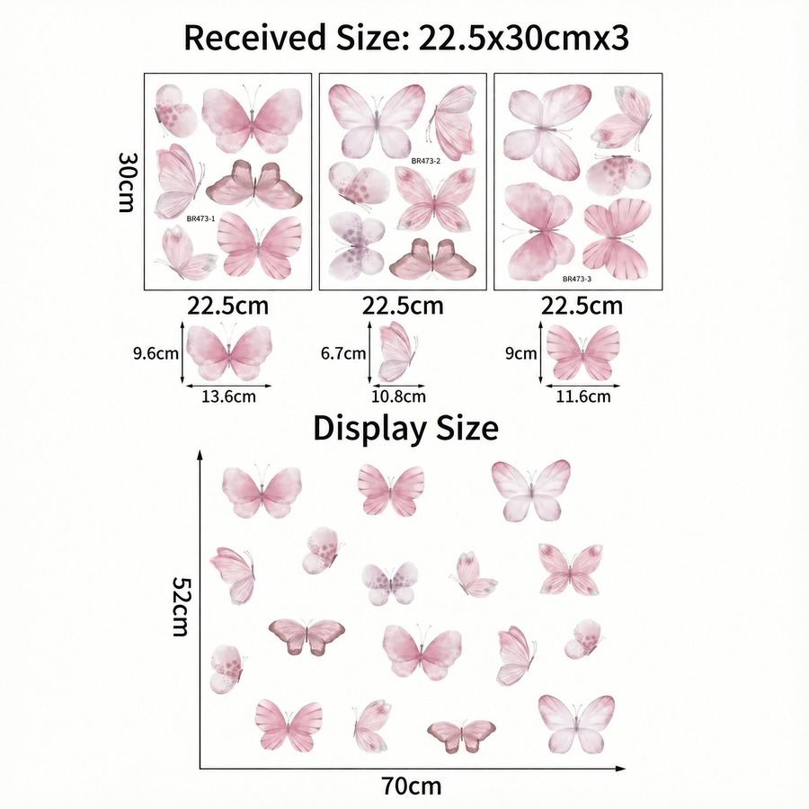 The sheet you receive compared with the design on the wall: Pink Butterfly Wall Stickers