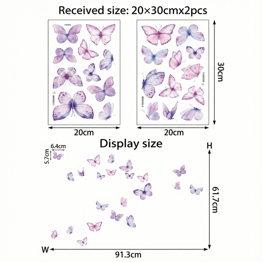 The sheet you receive compared with the design on the wall: Purple Butterfly Wall Stickers