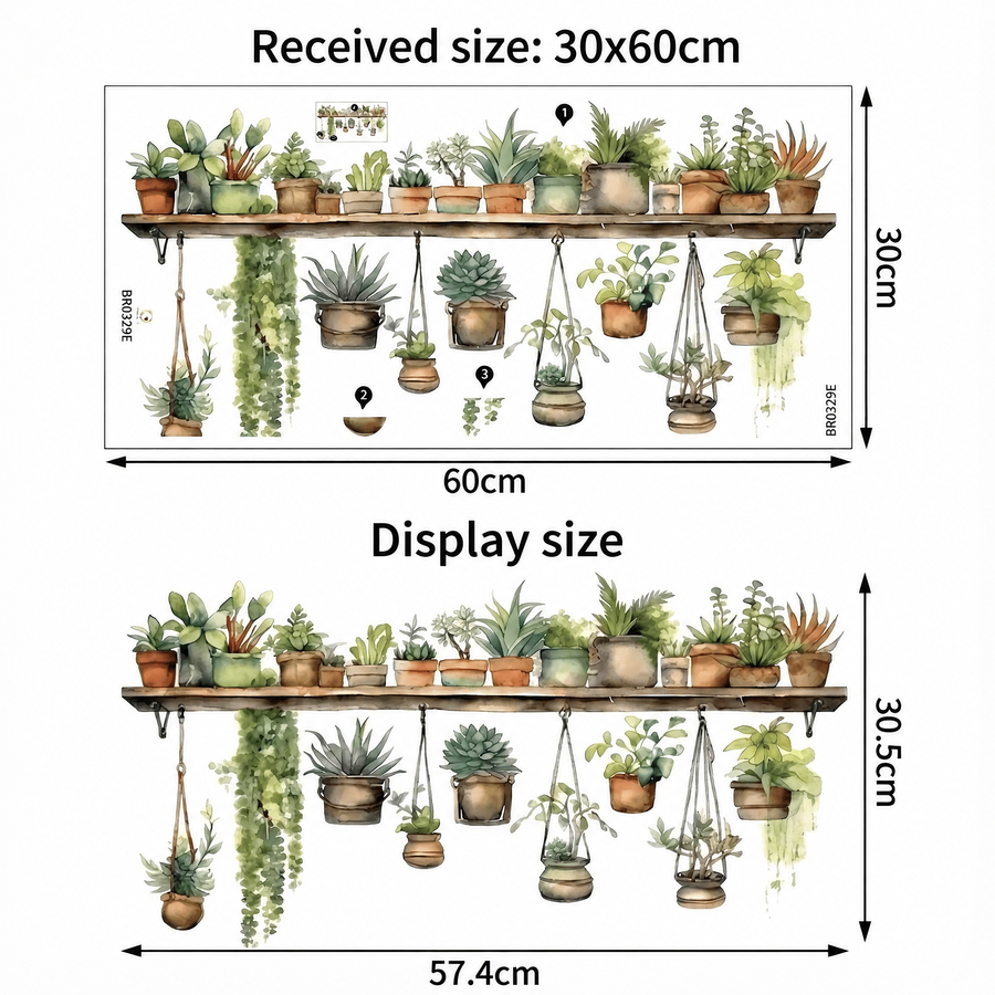The sheet you receive compared with the design on the wall: Hanging Potted Plants Wall Stickers