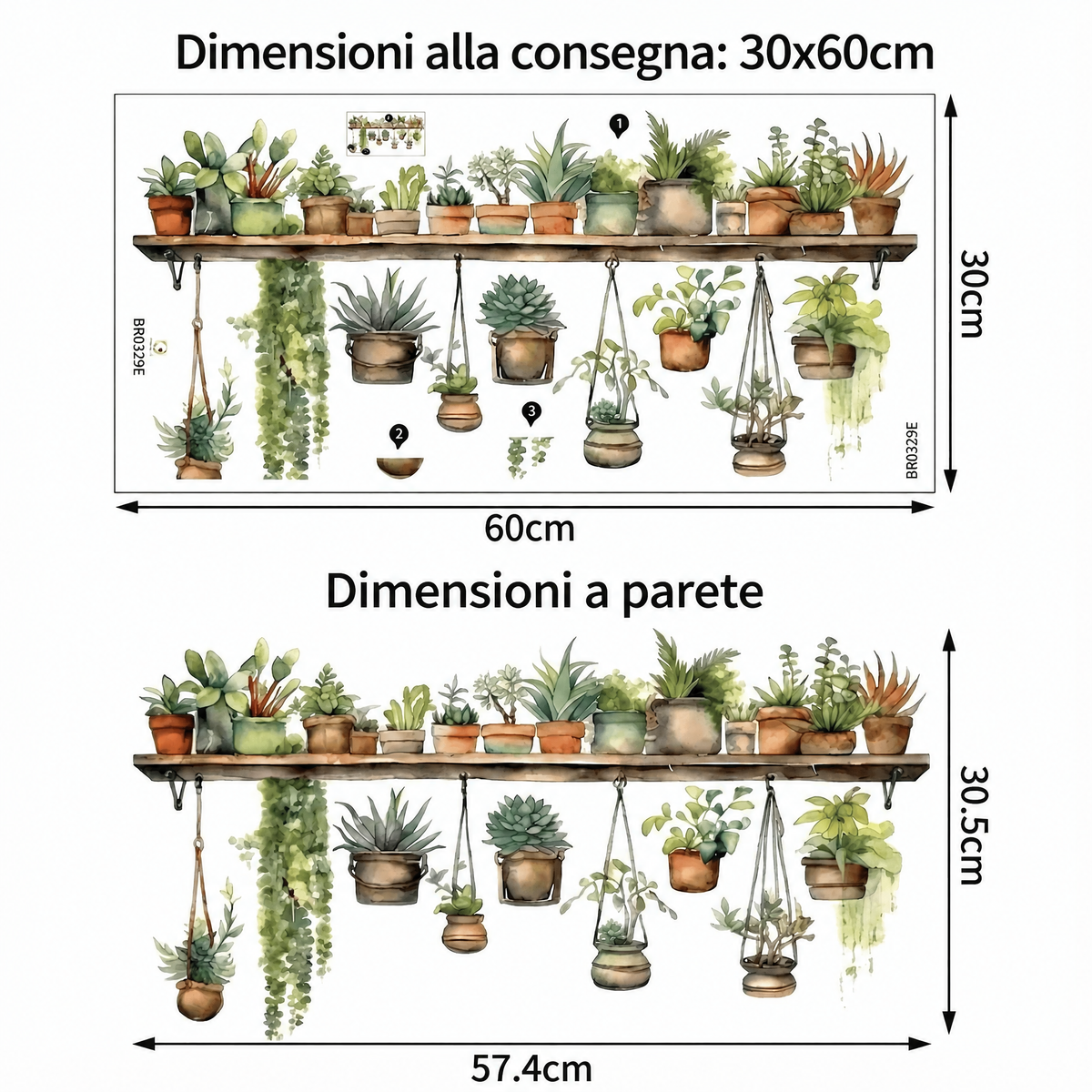 Adesivi murali piante in vaso sospese - Dimensioni
