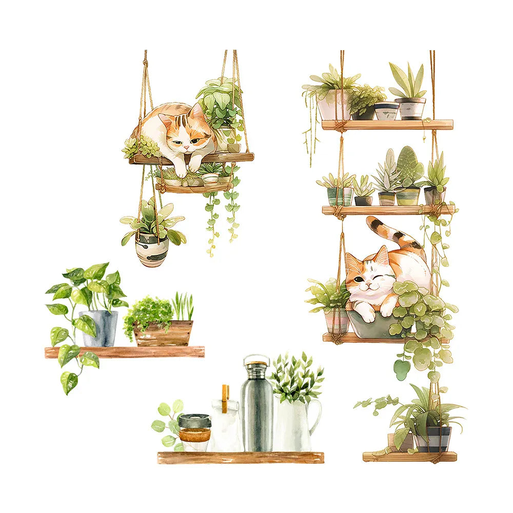 Stickers Muraux Plantes Suspendues et Chats Salon