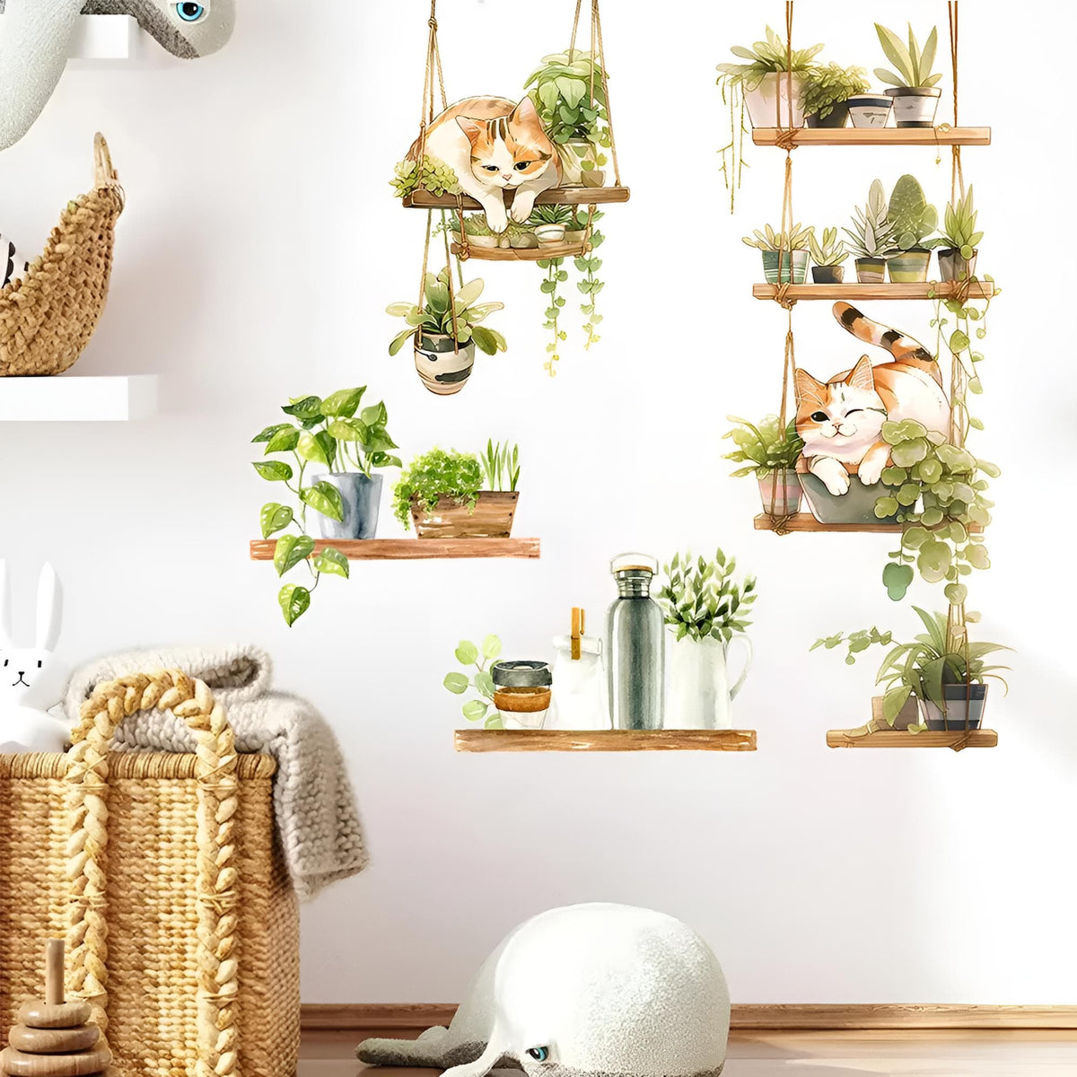 Stickers Muraux Plantes Suspendues et Chats Salon