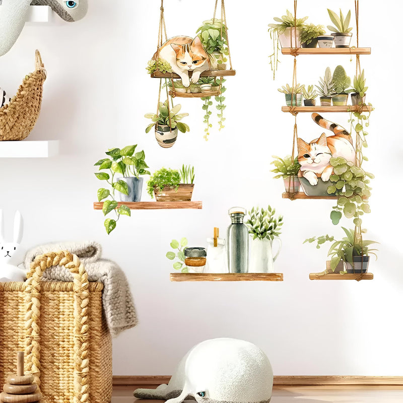 Stickers Muraux Plantes Suspendues et Chats Salon