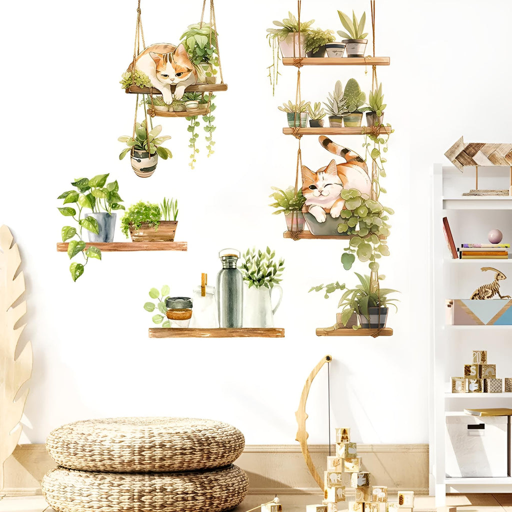 Stickers Muraux Plantes Suspendues et Chats Salon