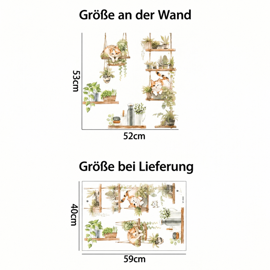 Der gelieferte Bogen im Vergleich zum Motiv an der Wand: Wandtattoo Hängepflanzen und Katzen fürs Wohnzimmer